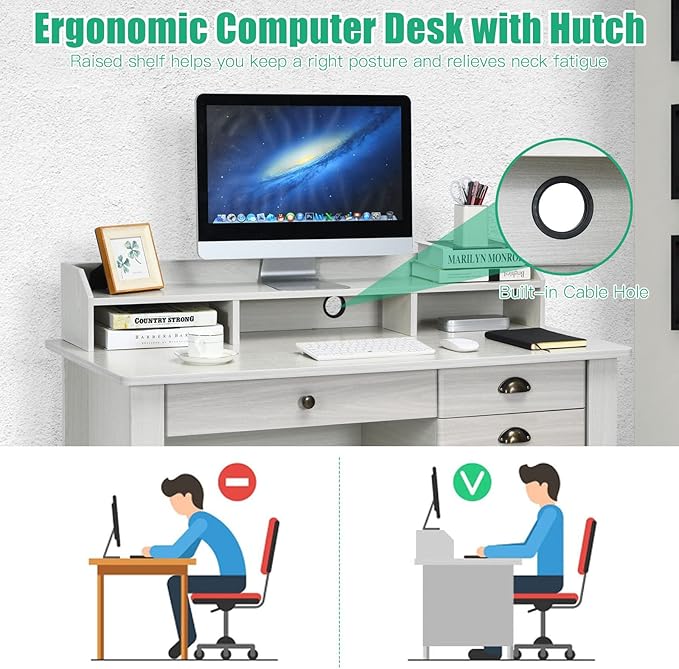 Tangkula White Desk with 4 Storage Drawers & Hutch, Home Office Computer Vintage Desk, Writing Study Table with Storage Shelves, Wooden Executive Desk (White)