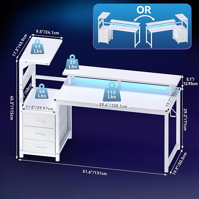 DUMOS L Shaped Gaming Desk with Shelves Storage Drawers 52'', White Computer Desks with LED Lights Power Outlets, Office Wood Table with PC Stand Cable Management for Bedroom Dual Monitor Streaming