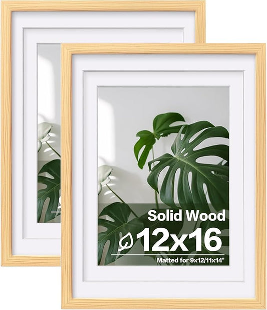 Egofine 12x16 Picture Frames Natural Wood Set of 2, Solid Wood Frames Covered by plexiglass, Display photos 9x12/11x14 with Mat or 12x16 without mat, for Wall Mounting