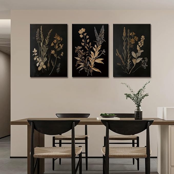 TUEASKY 3 Piece Floral Canvas Wall Art Dark Moody Wall Decor Botanical Pictures Wildflower Paintings 3 pieces Flower Prints for Bedroom Living Room