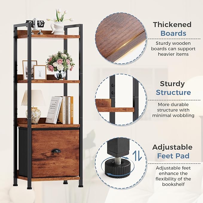 DUMOS 4 Tier Bookshelf, Bookcase with Fabric Drawer, Multi-Functional Display Standing Shelf for CDs/Books/Movies, Wood and Metal Storage Organizer in Bedroom, Living Room and Closet, Rustic Brown
