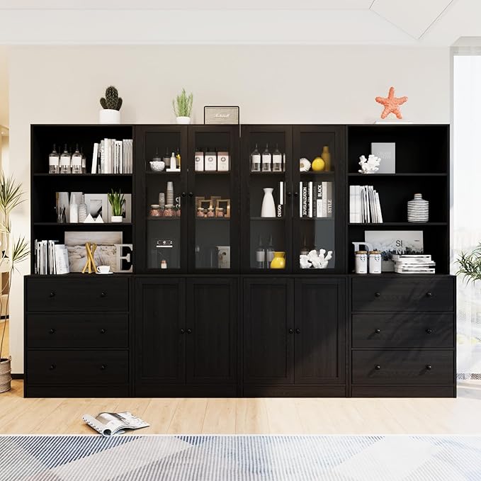 TUSY 71" H Bookshelf with Storage, 6-Tier Modern Bookshelves with 3 Large Drawer, Display Bookcase with Glass Doors, Modern 5-Tier Curio Cabinet for Home Office, Dining Room (Black, AB)