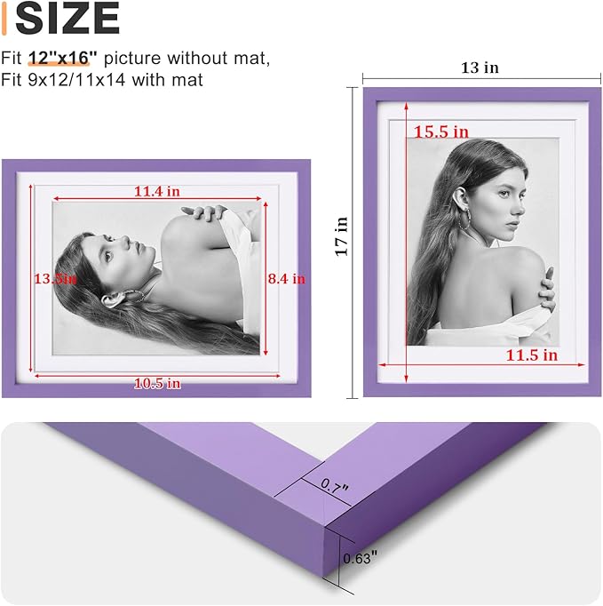 Egofine 12x16 Picture Frames 4PCS Covered by Plexiglass, Made of Solid Wood, Display Pictures 9x12/11x14 with Mat or 12x16 Without Mat for Wall Mounting, Purple