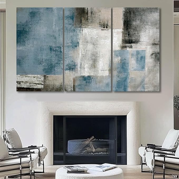 SDYA Large Blue Abstract Wall Art Set Of 3 Canvas 24x48 In,Modern Blue Grey Minimalist Painting,Contemporary Wall Decor Pictures for Living Room