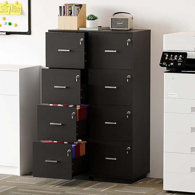 VINGLI 4 Drawer File Cabinet with Lock, Home Office Filing Organizer, for Letter Size File Folder Storage, Wood Tall Vertical Filing Cabinet, Printer Stand, Archivador (Black)
