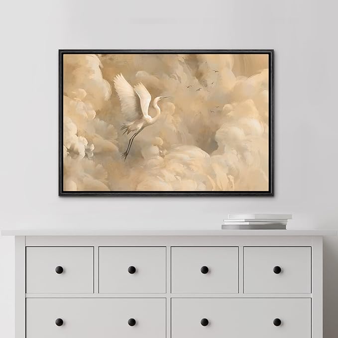 MUDECOR Framed Canvas Print Wall Art Graceful Crane in the Clouds Soft Dreamy Landscape Illustrations Minimalism Decorative Relax Colorful for Living Room, Bedroom, Office - 24"x36" BLACK