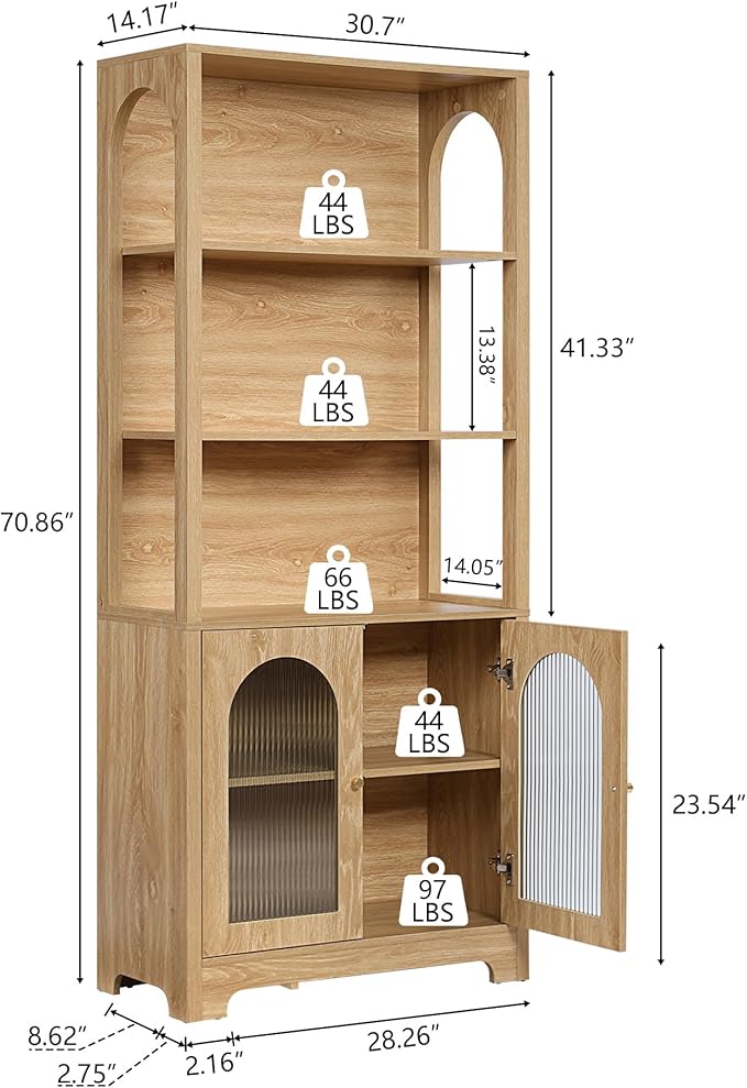 71" Tall Bookshelf with Glass Doors, 5-Tier Bookcase with Storage & Adjustable Shelf, Freestanding Wood Book Shelf Modern Arched Farmhouse Display Cabinet for Living Room, Office (Natural)