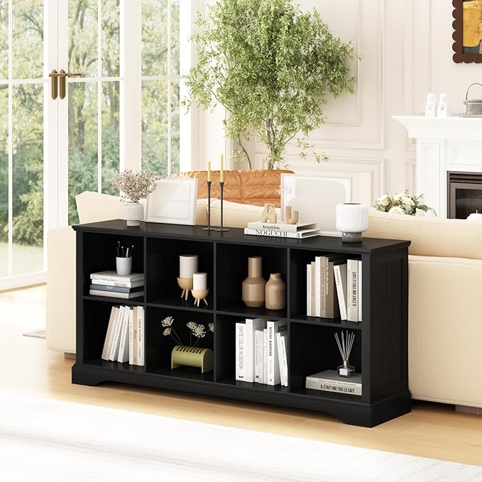 8 Cube Storage Organizer - 62" Long Farmhouse Wood Low Bookshelf, Horizontal Open Shelf Bookcase Cubby Storage Console Cabinet for Living Room, Entryway, Office, Black
