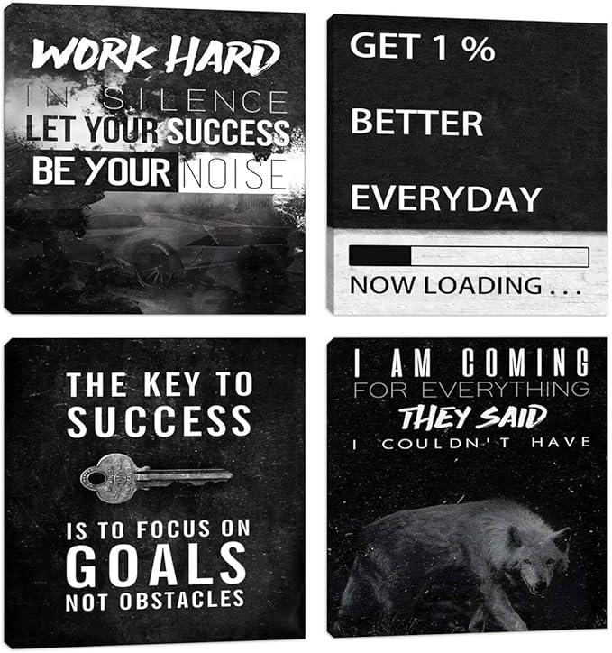 Halioyo Motivational Wall Art Decor, 4 Panel Inspirational Canvas Prints, Positive Quotes Workspace Painting Posters for Living Room Bedroom Home Office Success Wall Art, 12x12-inch
