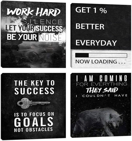 Halioyo Motivational Wall Art Decor, 4 Panel Inspirational Canvas Prints, Positive Quotes Workspace Painting Posters for Living Room Bedroom Home Office Success Wall Art, 12x12-inch