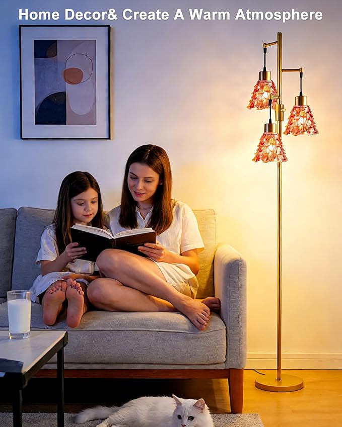 Glass Floor Lamps for Living Room, 67'' 3-Light Dimmable Floor Lamp with Rose Red Glass Shade& E12 Bulbs Included, Mid Century Standing Tall Lamp for Bedroom/Sofa Beside/Corner Decor-Gold