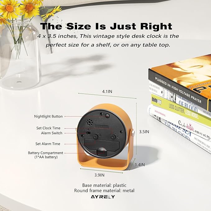AYRELY® 3.5 Inch Small Analog Alarm Clocks,Battery Operated Desk Clock,Cute Table Clock with Light，Adjustable Angle for Travel,Bedside,Bedroom,Kids,Living Room Decor(Orange)