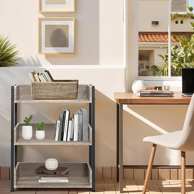 VECELO Bookshelf,Small Bookcase,3-Tier Storage Organizer,Industrial Shelving Unit for Home Office,Living Room,Dormitory,30" H,Brown