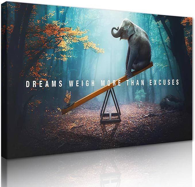 Wall Art Dreams Weigh More Than Excuses Painting on Canvas Inspirational Picture Motivational Quotes Poster Elephant and Butterfly Prints for Home Decor Living Room, Framed 28" Hx44 W