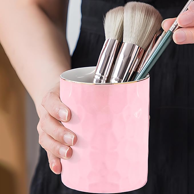 Aesthetic Desk Accessories Set of 2 For Your Office Desk Decor- Sturdy Concrete Desktop Accessories For Women Enhance Any Office Decor - Set incl. Ceramic Pink Pen Holder and Paper Clip Holder(Pink)