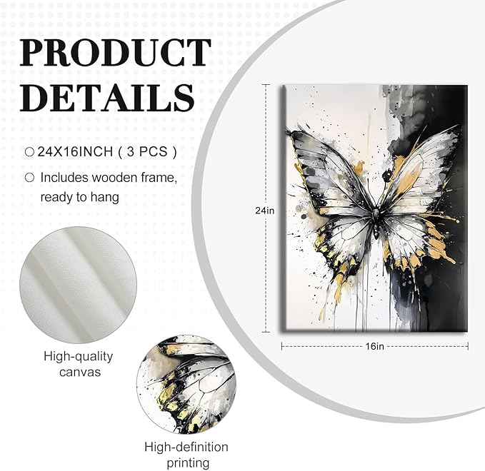 NCCXNCC 3Pcs Abstract Black and Gold Flowing Butterfly Canvas Wall Art Modern Minimalist Wall Decoration Artwork Black and White Abstract Poster Print Suitable for Living Room/Office16x24Inch Framed