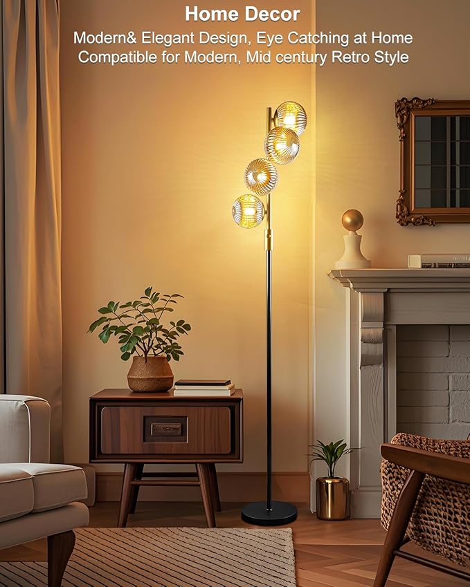 Lightdot 64IN Dimmable Floor Lamp with Glass Globe Shade, Modern Gold &Black Standing Lamps with 4PCS Warm White Bulbs Included, Mid Century Floor Lamp for Living Room/Sofa Beside/Corner Decor