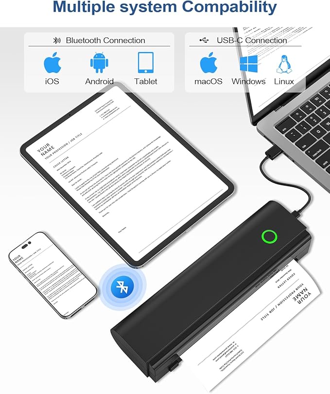 Portable Printers Wireless for Travel, Bluetooth Thermal Printer Supports 8.5" x 11" US Letter & A4 Size, Inkless Mobile Printer Work with Android iPhone Laptop for Home Office School, Black