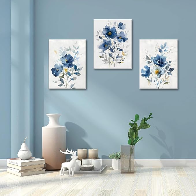 KISSFOX Framed Colorful Wildflower Blue Canvas Wall Art Set Of 3 Flowers Pictures Prints Flowers Printing Floral Watercolors Flower wall Decor Living Room Girls Bedroom Bathroom