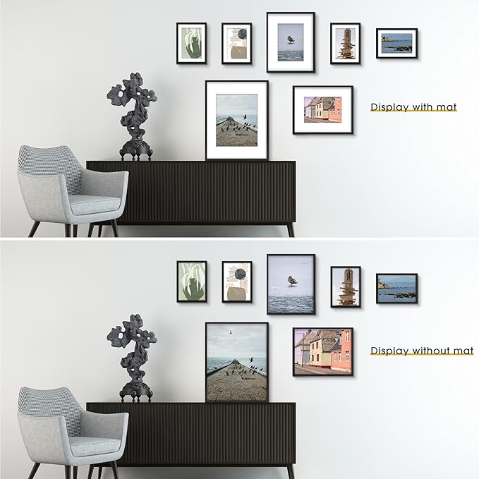 Frametory, Aluminum Picture Frames Set of 7 - Black Gallery Wall Kit - Displays One 11x14, Two 8x10, and Four 5x7 inch Photos for Home Decoration