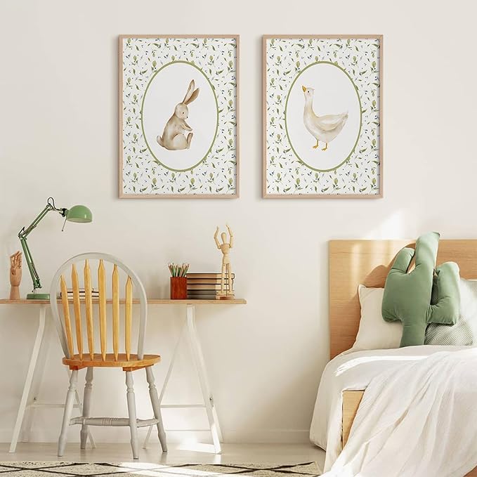 Vintage Nursery Wall Art Cute Goose Canvas Poster Bunny Wall Decor Baby Kids Poster Rabbit Duck Prints Cute Animal Pictures Pale Green Painting Artwork for Gallery Bedroom 16x24 Inch Unframed Set of 2