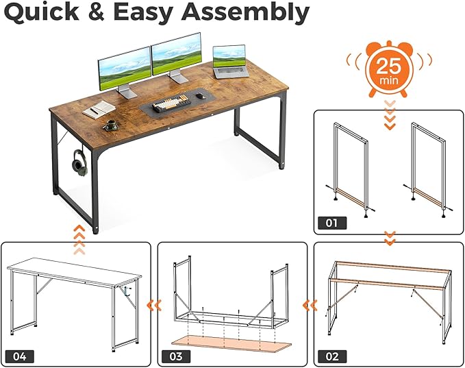 Casaottima 63 Inch Computer Desk for Home Office, Study Writing Table for Small Spaces, Simple Modern Desk with Headphone Hooks, Rustic Brown