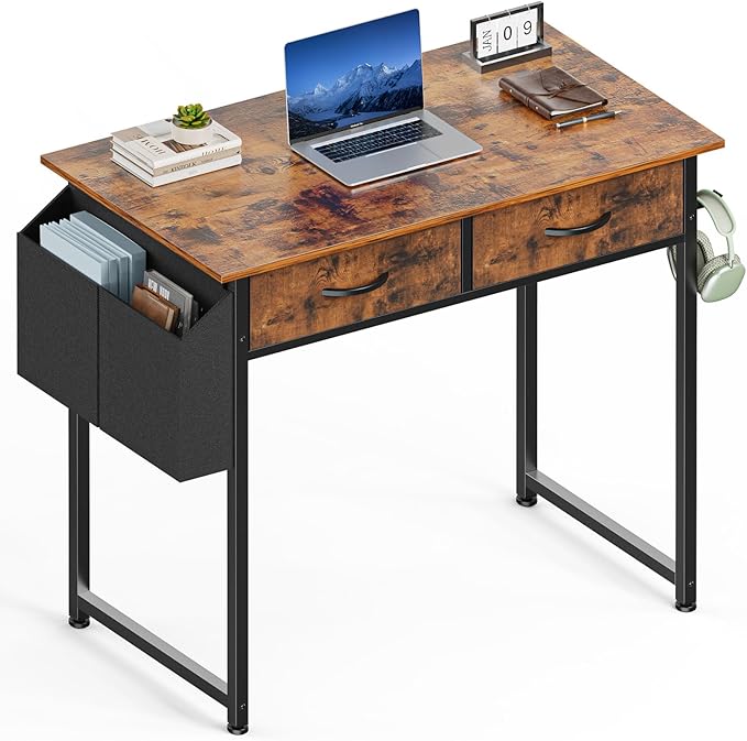 Sweetcrispy Computer Desk Small 32 Inch Home Office Bedroom Writing Study PC Table with Fabric Storage Drawers Space Side Bag Headphone Hook Adjustable Feet Modern Simple Style, Rustic Brown
