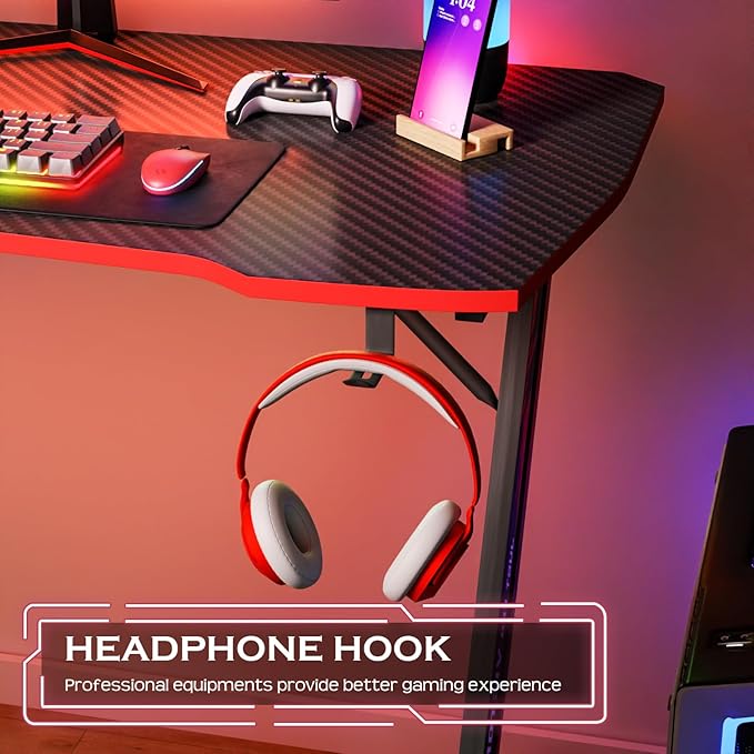 PayLessHere | 39" Gaming Table | Red | Z-Shaped Computer Desk with Steel Frame, Headphone Hook, Adjustable Feet | Carbon Fiber Texture Surface, Sweat & Waterproof | for Gaming, Home Office