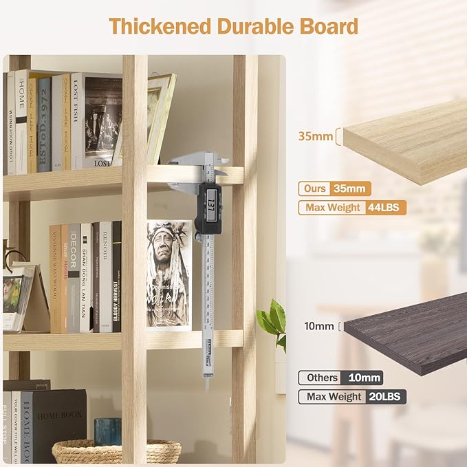 SICOTAS Bookshelf 5 Tier Book Shelf Rattan Boho 71" Tall Bookcase with Doors Storage Shelves Large Bookshelves Farmhouse Bookcases Library Book Case for Living Room Bedroom Home Office Kitchen