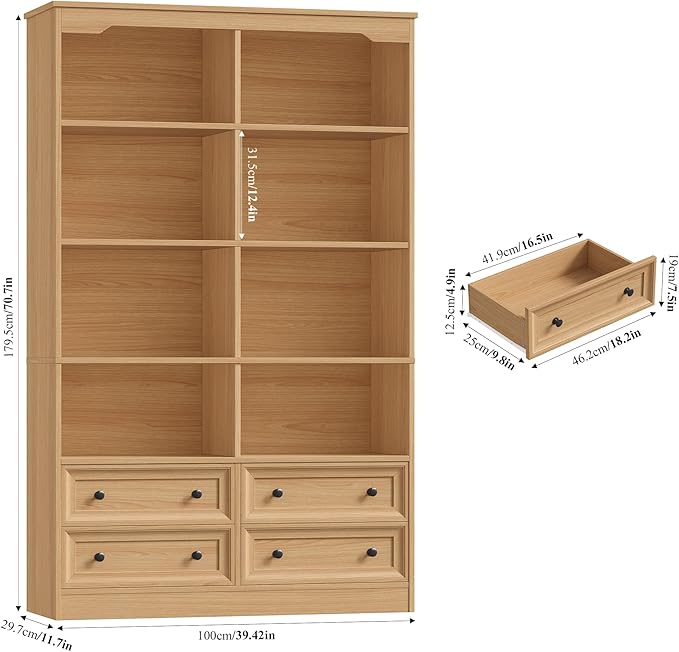 FINETONES 71" Tall Bookshelf with 4 Drawers, 6-Tier Double Wide Bookshelves and Bookcases with Storage, Natural Bookshelf Large Open Bookshelves Standing Book Cabinet for Home Office