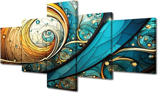 Wall Art for Men Modern Abstract Canvas Wall Art Decor Prints 5 Panel Vortex Spiral Artwork Gold Blue Green Colors Wall Art for Lady Room Wall Decor Stretched and Framed Ready to Hang 50x24 in