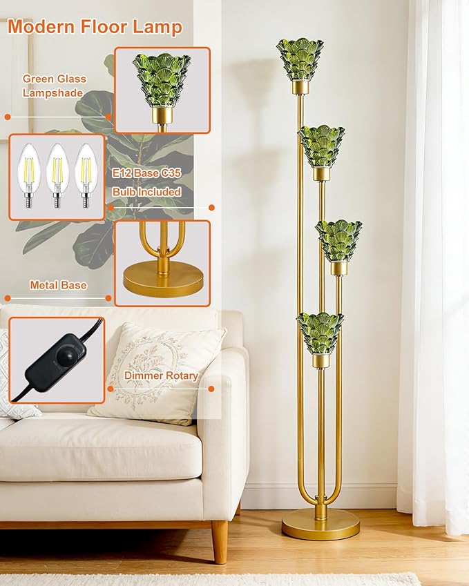 Lightdot Glass Floor Lamp Dimmable 4-Lights Gold with Green Glass Shade 3000K Bulbs Included Mid Century Modern Standing Tall Lamp for Living Room/Bedroom/Sofa Beside/Corner Decor