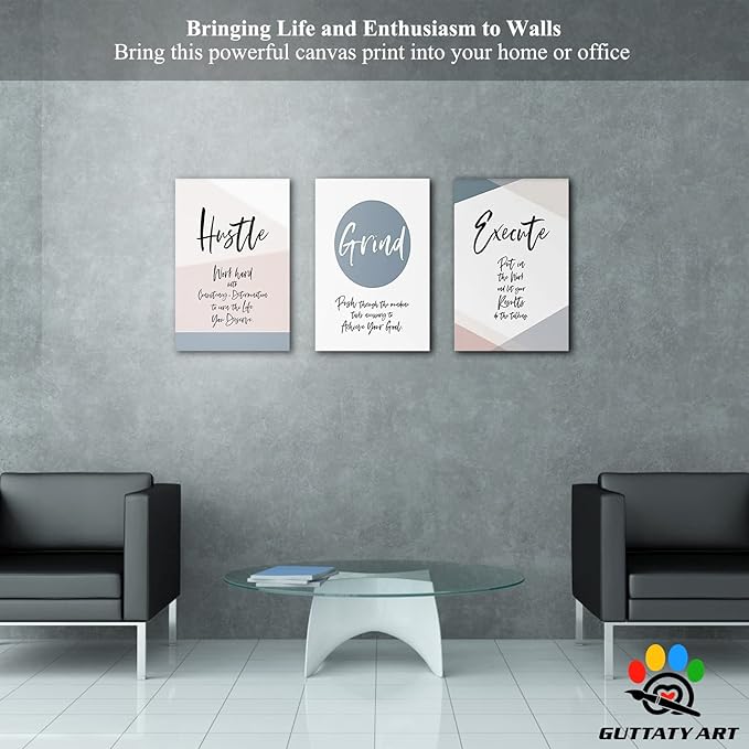 Office Wall Art - 3 Panel Motivational Wall Art, Inspirational Quotes Canvas Art for Home Office Wall Decor, Positive Quotes Wall Decor, Entrepreneur Grind Hustle Execution Poster Frame (16”x24”x3Pcs)