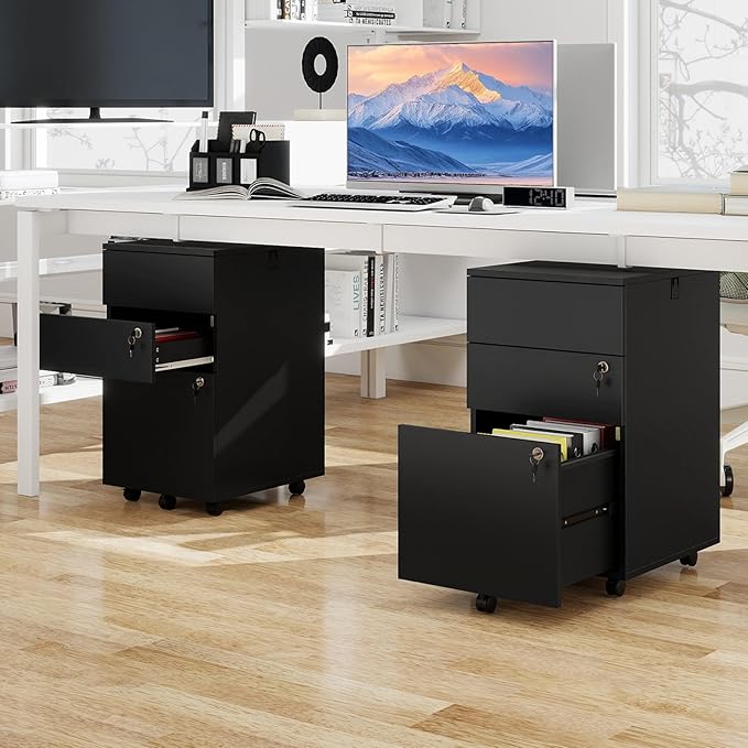 LOKO Mobile File Cabinet with 3 Drawers, Wooden Rolling Filing Cabinet with Lock, Under Desk File Organizer for A4/Letter/Legal Size, for Home Office, Study (Black)