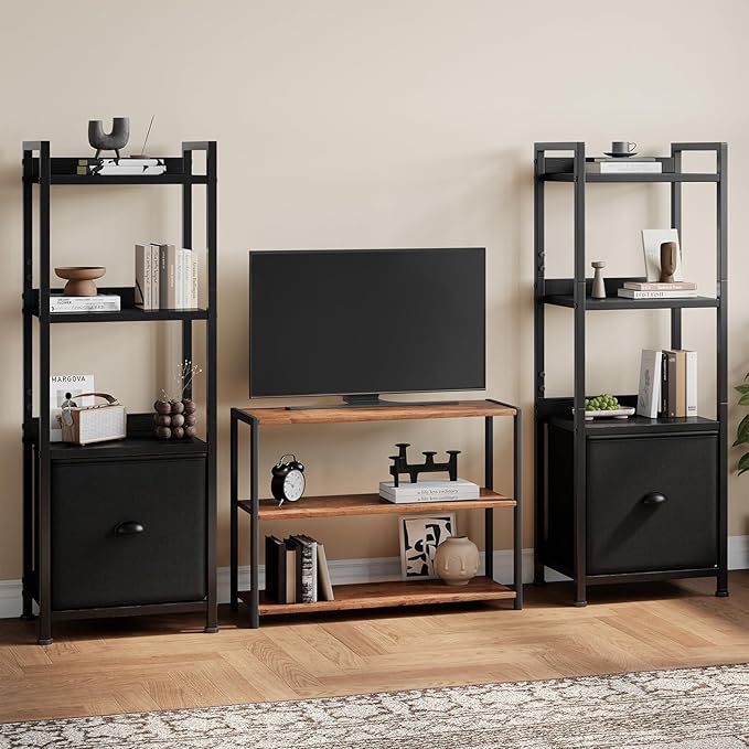 DUMOS 4 Tier Bookshelf, Bookcase with Fabric Drawer, Multi-Functional Display Standing Shelf for CDs/Books/Movies, Wood and Metal Storage Organizer in Bedroom, Living Room and Closet, Black