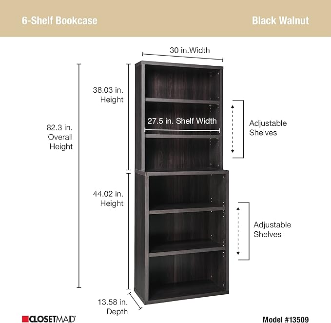 ClosetMaid Bookshelf with 6 Shelf Tiers, Adjustable Shelves, Tall Bookcase Hutch, Sturdy Wood with Closed Back Panel, Black Walnut Finish