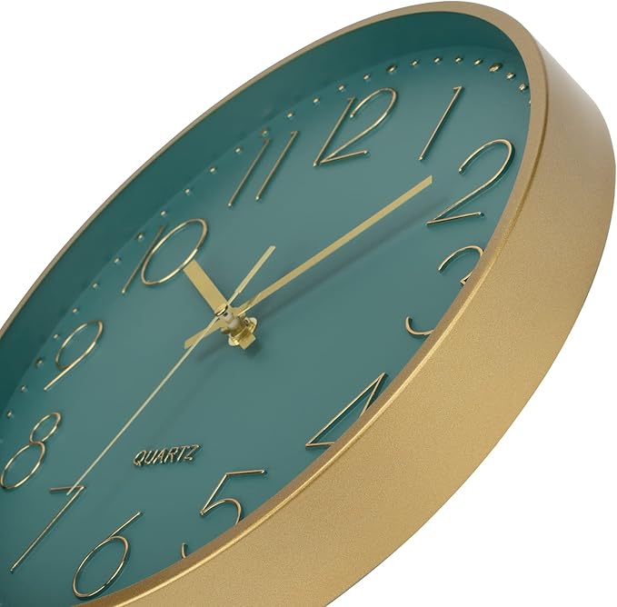 Foxtop Modern Wall Clock 12 Inch Silent Non Ticking Battery Operated Round Quartz Gold Wall Clock for Living Room Bedroom Kitchen Office Classroom Decor (Dark Green Dial)