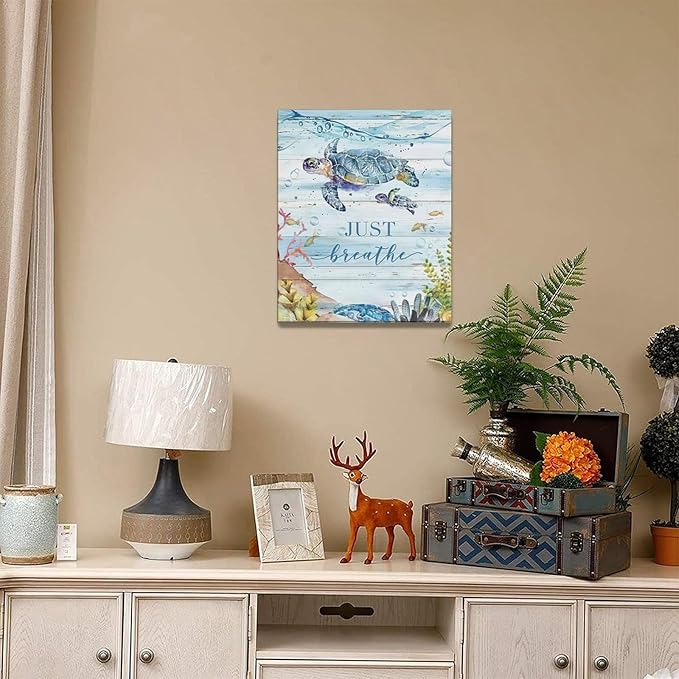 Ocean Sea Turtle Wall Art Nautical Just Breathe Pictures Wall Decor Beach Seaweed Canvas Coastal Painting Modern Artwork Home Decoration for Bathroom Living Room Bedroom Office Framed 16"x20"
