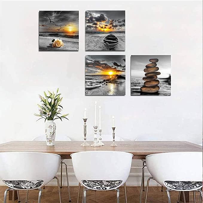 Bamdeya Black and White Gold Wall Decor Sea Sunset Beach Wall Art Seascape Zen Painting Sunrise Picture Ocean Canvas Print for Living Room Bedroom Bathroom Home Wall Decoration Framed Art