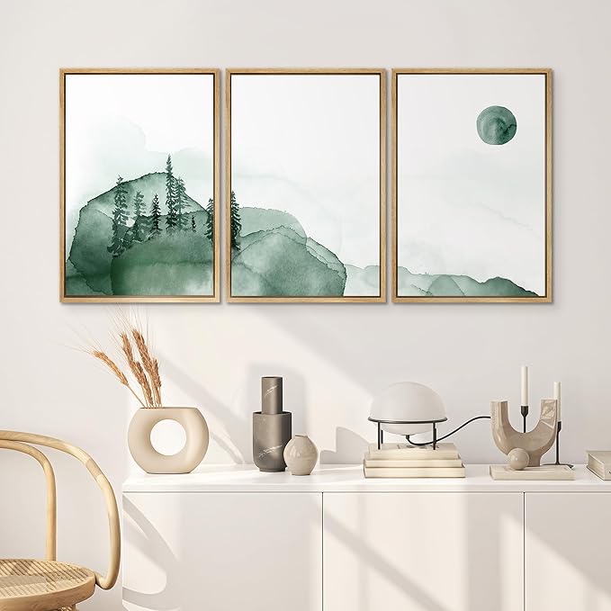 SIGNWIN 3 Piece Framed Canvas Wall Art Green Watercolor Landscape with Moon Nature Wilderness Illustrations Abstract Traditional Home Artwork Decoration for Living Room,Bedroom - 24"x36"x3 Natural