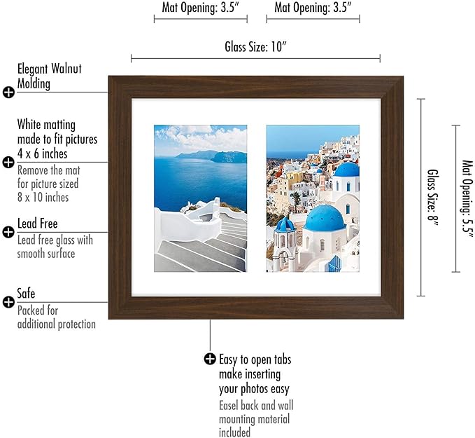 Americanflat 4x6 Double Picture Frame with Shatter-Resistant Glass - Fits Two 4x6 Photos or use as One 8x10 Picture Frame - Signature Collection - Collage Frames for Tabletop and Wall - Walnut