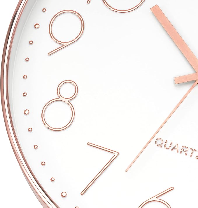 Foxtop Modern Wall Clock 12 Inch Non-Ticking Silent Battery Operated Round Quartz Rose Gold Wall Clock for Office Bedroom Living Room Kitchen Home School Decor
