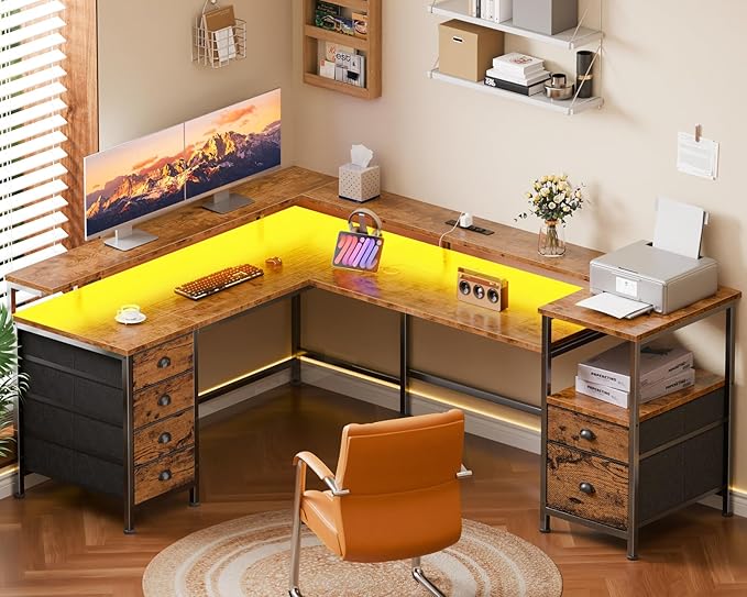 Furologee 95" Two Person Computer Gaming Desk, Long 2 Person Home Office Desk with 6 Drawers & Storage Shelves, Double Table with Power Outlets, LED Lights and Full Monitor Shelf, Rustic Brown