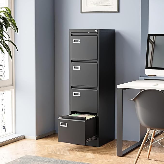 4 Drawer File Cabinet,Black Metal Filing Cabinets with Lock,Metal Vertical Filing Cabinets for Home Office,Steel Storage Cabinet fits Letter/Legal/A4 Size(Assembly Required)