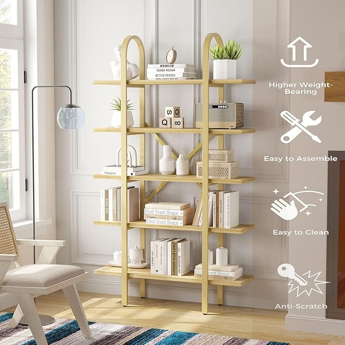 Wide Bookshelf Arched Bookcase, Industrial 5 Tier Open Book Shelves with Metal Frame, 72" Tall Freestanding Heavy Duty Display Rack for Home Office, Living Room,Nature Wood & Gold,Easy Assembly