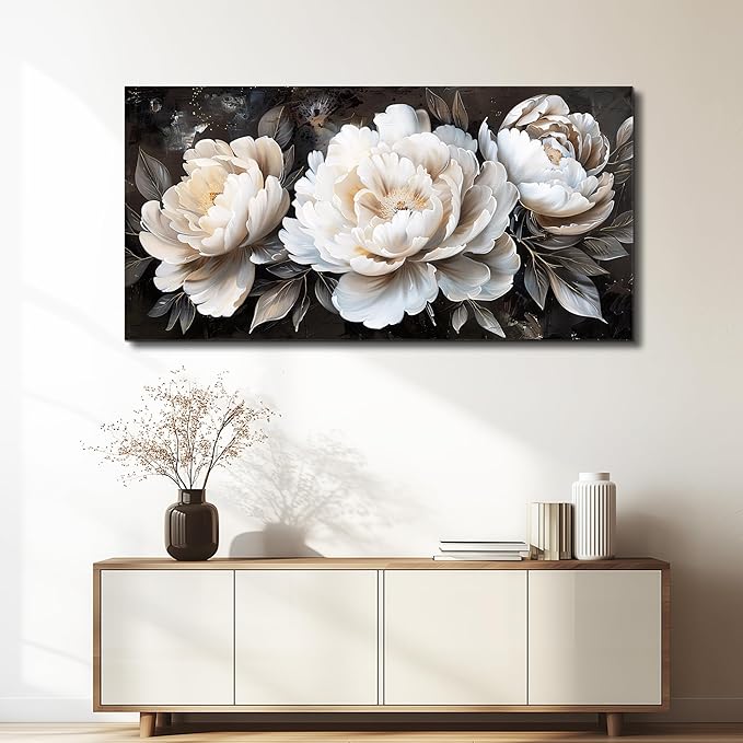 QIYILEXWART Canvas Wall Art For Living Room Wall Decor For Bedroom Office Wall Decoration White Peony Landscape Painting Farmhouse Pictures Artwork Room Aesthetic Home Decor 20x40 In