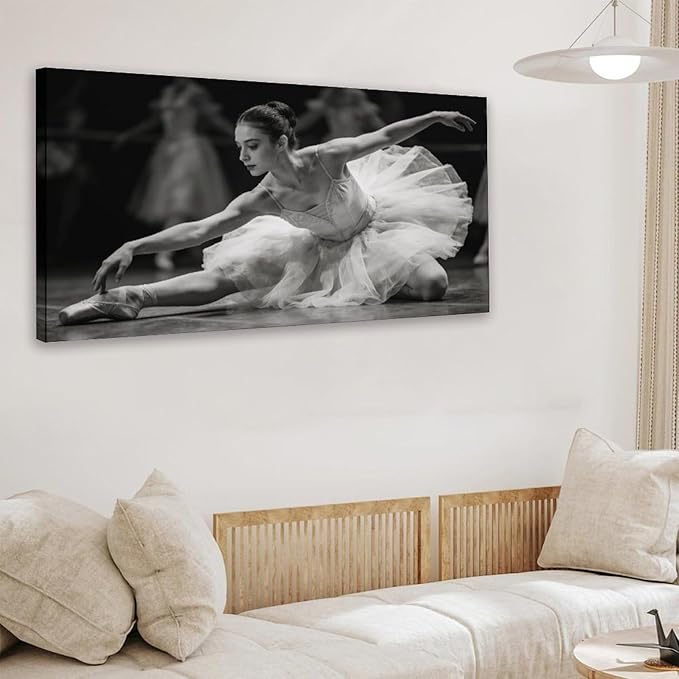 Black White Ballet Dancer Framed Canvas Wall Art for Bedroom, Elegant Figure Decor 24" L x 12" W
