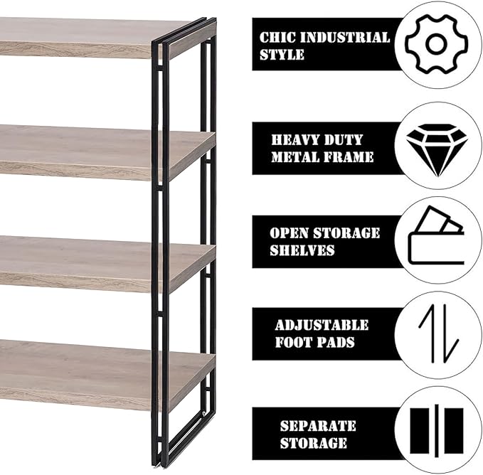 47" 4-Tier Bookshelf Rustic Wood and Metal Industrial Bookshelf for Home Office, Bedroom, Kitchen, Bathroom (Light Grey, 4-Tier)