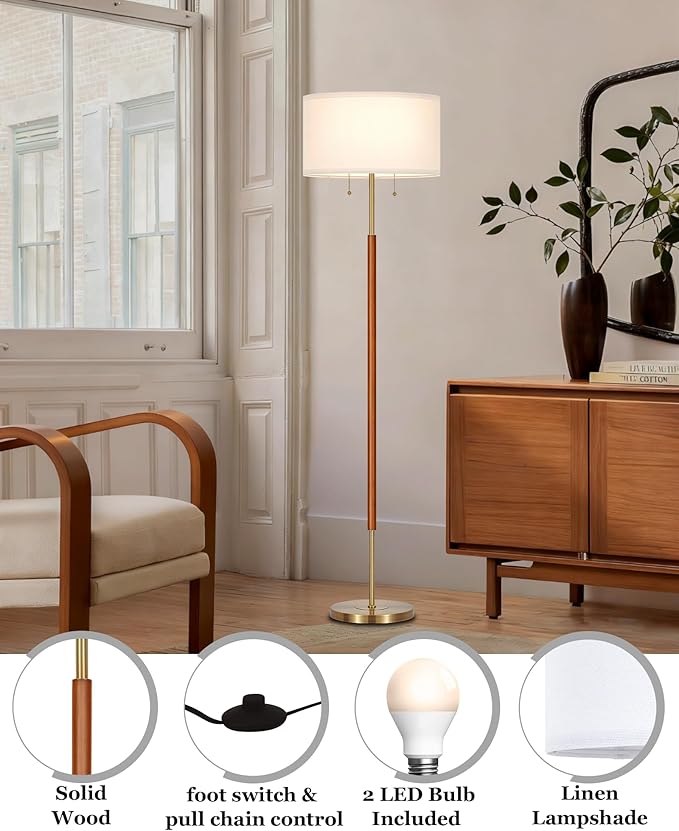BTP Mid Century Floor Lamp for Bedroom, 2-Lights Wood Floor Lamp with Dual Switch, Tall Reading Standing Light for Living Room Office Farmhouse, 3 Color Temperatures 9W Bulbs*2 Included