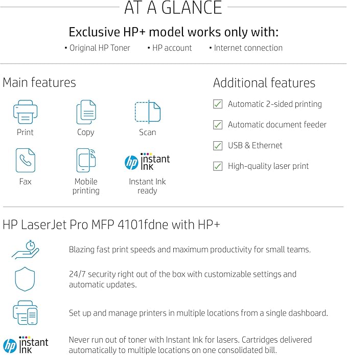 HP LaserJet Pro MFP 4101fdne Black & White Monochrome Printer with HP+ Smart Office Features and Fax